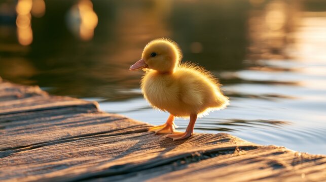 Cute fluffy yellow baby bird standing on wooden dock near calm water reflecting warm sunlight during golden hour