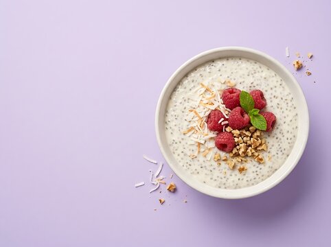 Healthy chia seed pudding topped with fresh raspberries