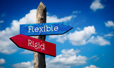 Flexible or rigid - wooden signpost with two arrows, sky with clouds © PX Media