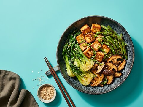 Plant based bowl with tofu, mushrooms, and bok choy
