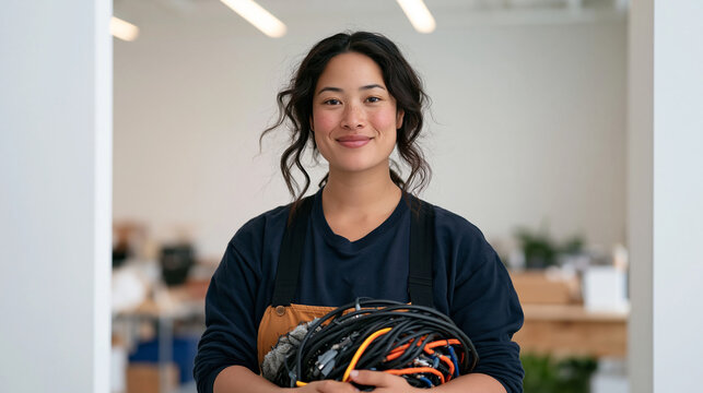 A minority founder glazier pausing at her studio door on her final day, holding a tangled bundle of cables stripped from the workshop walls, the sterile white space behind her