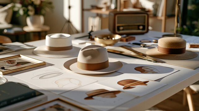 Flat lay of a milliner's drafting table with pencil sketches of hat forms arranged in a neural network pattern, a small radio playing quietly in the background implied by its
