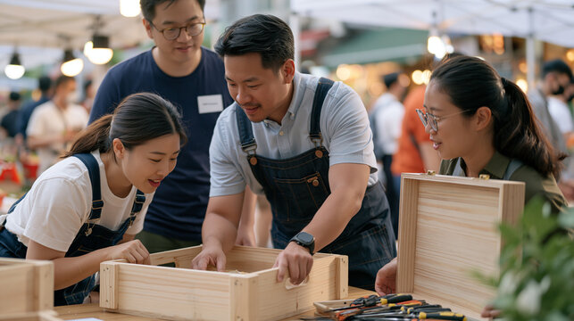 A diverse team of event planners in a bustling urban street market lift the lid of a wooden crate, one planner bending close to smell the contents for a problem, a set of