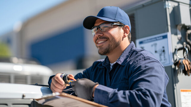 An air conditioning repair technician calmly corrects a miswired thermostat connection in early morning mist outside a commercial building, a ring of service keys hanging from a