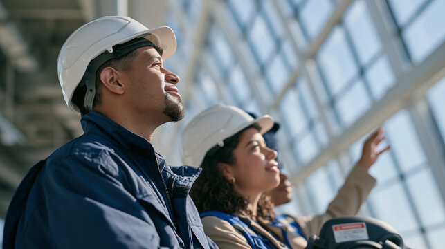 Insurance assessors in a diverse team examine a building interior under harsh midday sun streaming through skylights, a warning label on inspection equipment visible as they