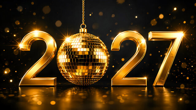 Shiny golden numbers representing two thousand twenty seven alongside a glowing festive disco ball hanging from a fine chain against a dark background with sparkling bokeh particles creating celebrati