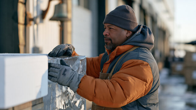 An ice sculptor packs a finished block segment in foam crating on a rain soaked loading dock, a bell mounted to the warehouse wall about to signal the next collection, the over