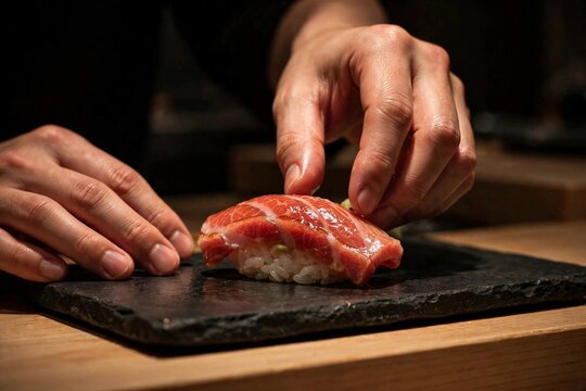 Omakase sushi chef placing toro nigiri on dark stone counter