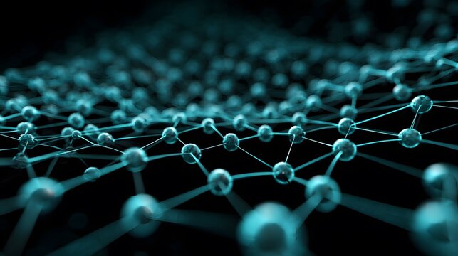 Glowing turquoise nodes form an interconnected network in a dark digital environment
