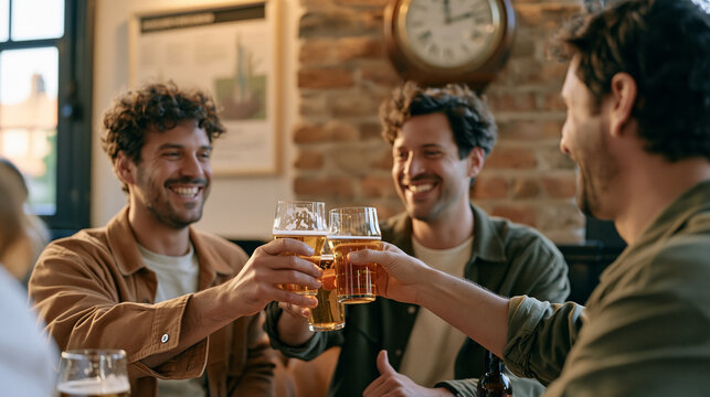 A brewing team celebrates a quality certification milestone at twilight in a riverside taproom, an old analog clock ticking on the exposed brick wall, precision soil moisture