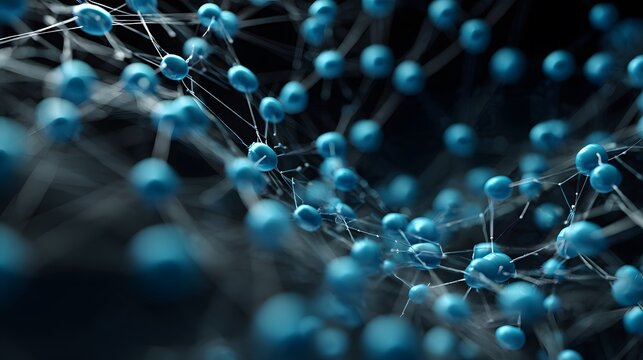 Abstract turquoise nodes form an interconnected network across a dark digital background