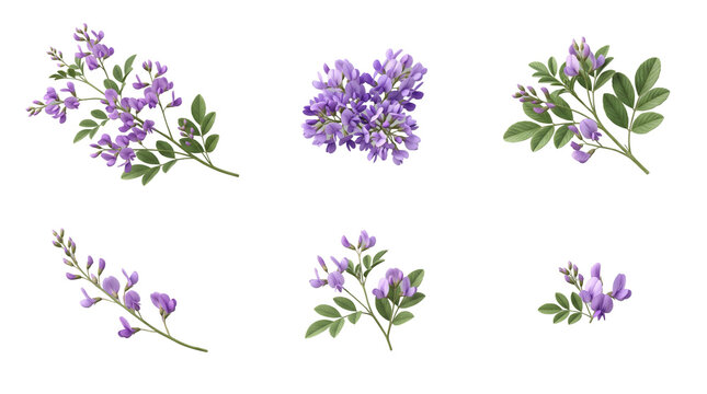 Set of purple wisteria flower clusters and green leafy branches for botanical isolated on a transparent background