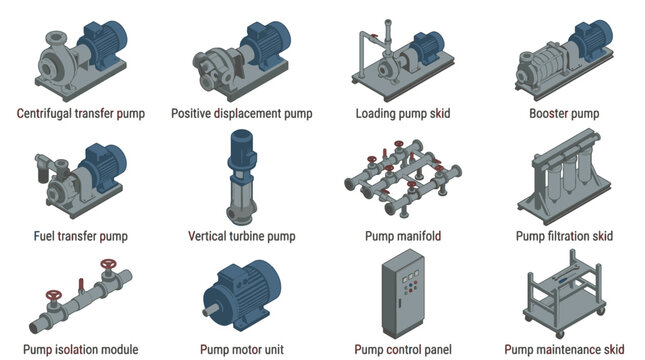 Sleek Collection of Industrial Pump Systems and Components in Monochromatic Blue Gray and Silver Tones
