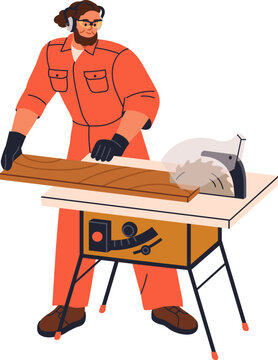 Carpenter works at circular saw table. Woodwork, carpentry with electric tool, equipment, professional machine for cutting wooden plank. Flat vector illustration isolated on white background.