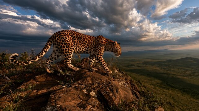 Majestic wild leopard walking on rocky terrain with dramatic cloudy sky overlooking vast green landscape at sunset