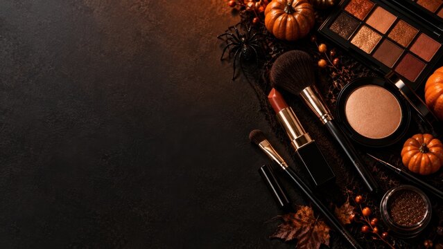 Luxury Halloween Makeup Collection With Pumpkins On Dark Autumn Background