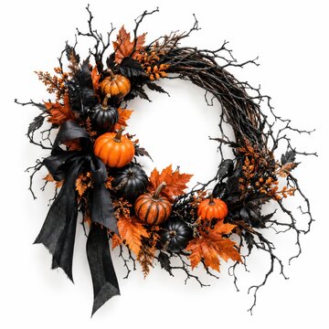 Elegant Halloween Wreath With Orange Black Pumpkins Autumn Leaves And Ribbon