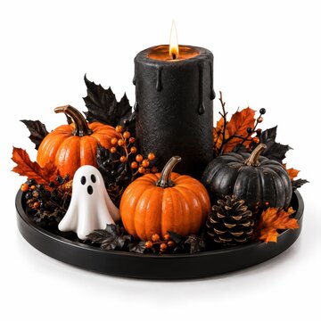 Black Burning Candle Surrounded By Halloween Pumpkins Ghost And Leaves