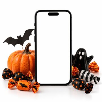 Halloween Smartphone Mockup With Blank Screen Pumpkins Ghost And Candy