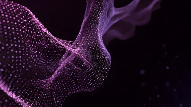 Flowing purple particle mesh forms a luminous abstract wave against a dark background