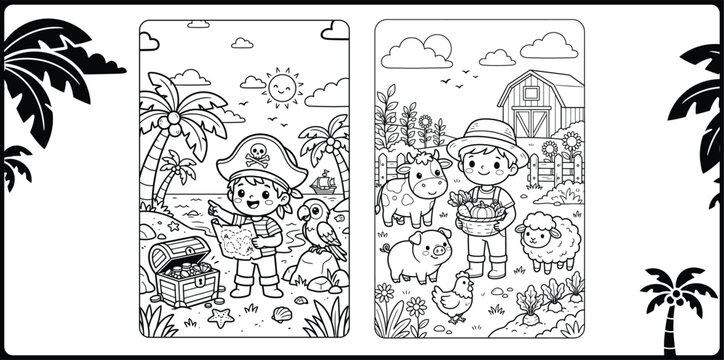 Kids coloring book vector pages with pirate and farmer themes