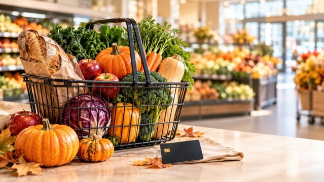 Autumn Grocery Shopping Basket Filled With Fresh Vegetables And Pumpkins