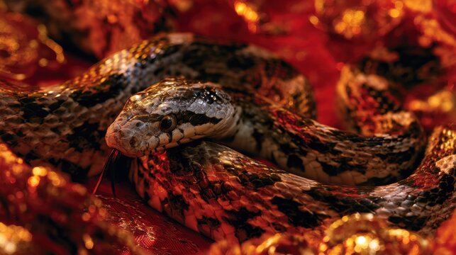 Close-up of brown and black patterned snake coiled on vibrant red autumn leaves with detailed scales and tongue flicking out