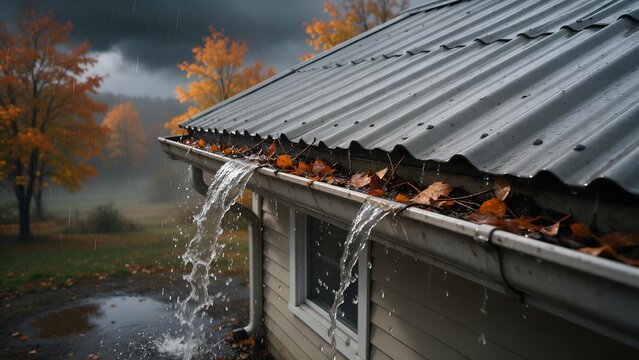 Overflowing clogged rain gutter overflowing with autumn leaves and rushing rainwater during a heavy rainstorm overlooking vibrant orange trees and dark stormy sky