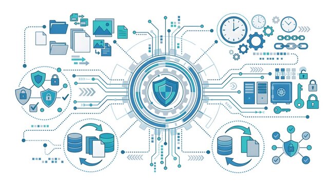Cyber security concept with digital shield icon and network data