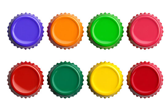 Colorful metal bottle caps arranged in two rows on a white background