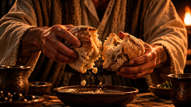 Jesus breaking the bread during Last Supper.