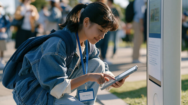 A teenage coder in a busy urban playground crouches to correct a logic error on a tablet mounted in an accessibility kiosk, a name badge detail visible on her lanyard, the age