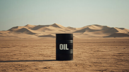 Black Oil Barrel in Arid Desert Landscape Symbolizing Fossil Fuel Industry Energy Resources and Environmental Impact © sema_srinouljan