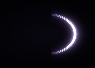 Bright glowing crescent ring shape with soft light streaks against a dark black space background © jubayer