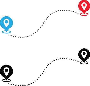 Set of colorful location map pins connected with dotted travel path lines