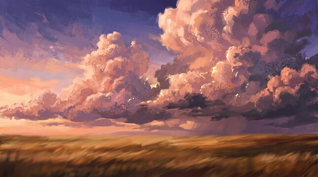 Dramatic sunset over a golden field with fluffy clouds in a vibrant and colorful sky at twilight