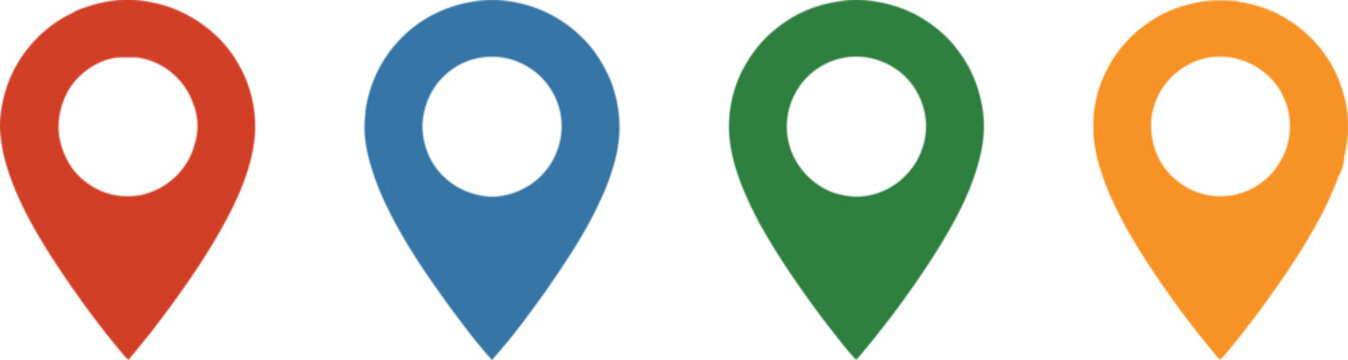 Set of four colorful map location pin icons in red blue green and orange colors