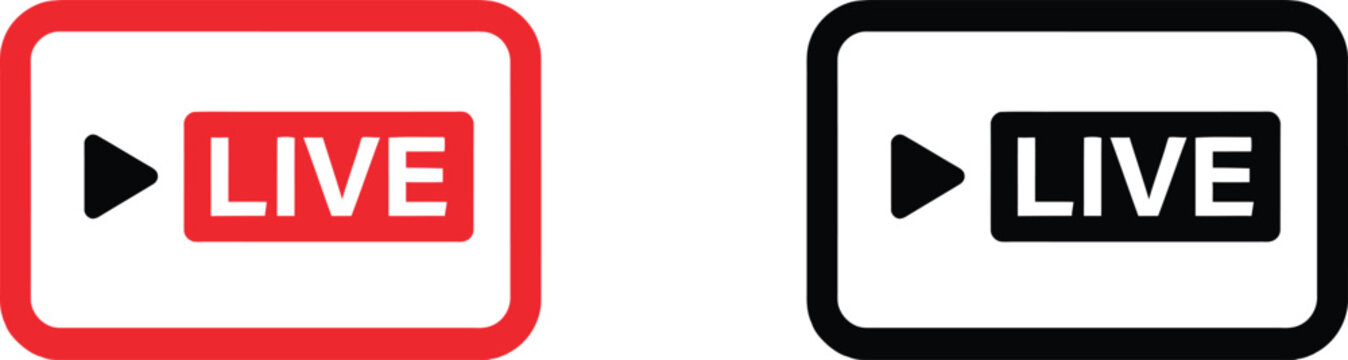 Set of live streaming icons with play button symbols in red and black colors for digital video