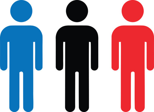Three colorful human figure icons in blue black and red standing in a row