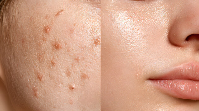 Before and after skin transformation showing acne breakout treatment recovery clear smooth flawless texture youthful healthy aesthetic beauty dermatology cosmetic care healing face portrait natural mo