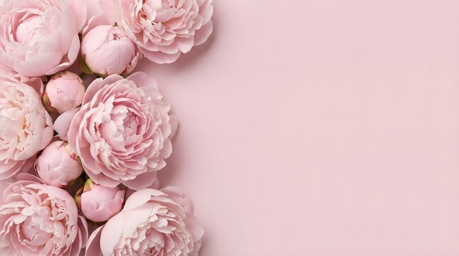 Soft Pink Peony Flowers on Pastel Background with Copy Space