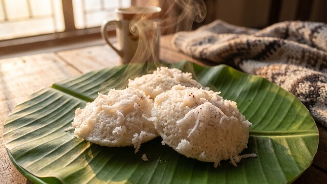 Close-up of steaming vapa pitha rice cakes on a banana leaf, hot winter breakfast food