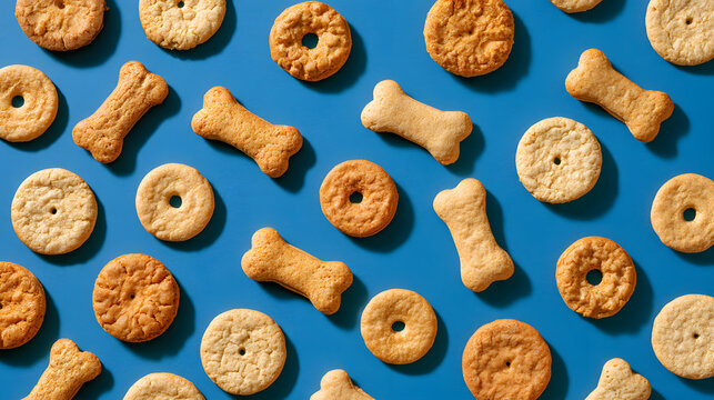 Dog biscuit pattern on vibrant blue background flat lay top view photography commercial pet food treat snack canine puppy organic baked delicious nutrition healthy delicious animal feed meal design ba