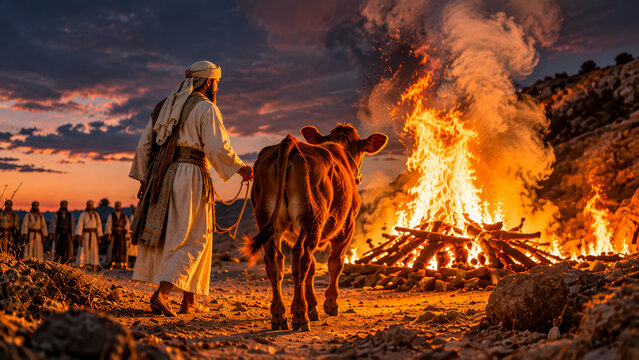 A red heifer is brought forward for the sacrifice.