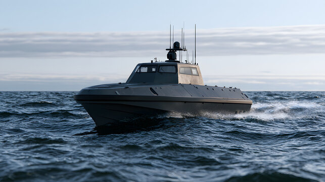 Modern military patrol boat cruising fast across open ocean waves during daytime calm water mission operation security defense tactical navy vessel watercraft marine transport speed horizon blue sky s