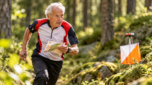 An old man running through the woods on orienteering competition.