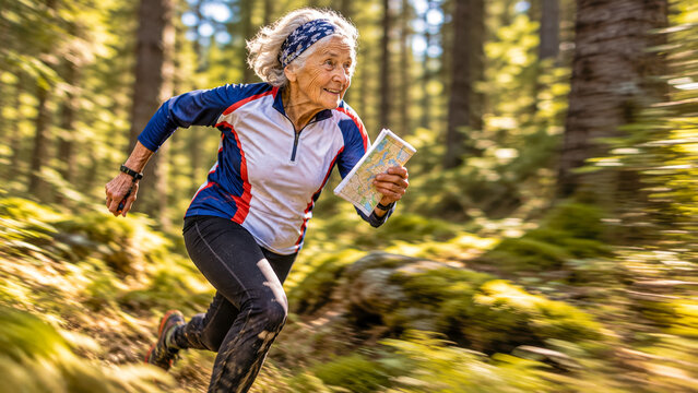 An old woman running through the woods on orienteering competition.