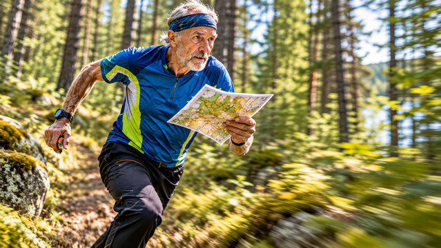 An old man running through the woods on orienteering competition.