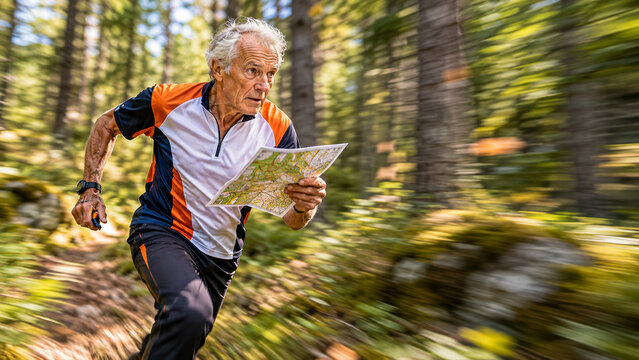 An old man running through the woods on orienteering competition.