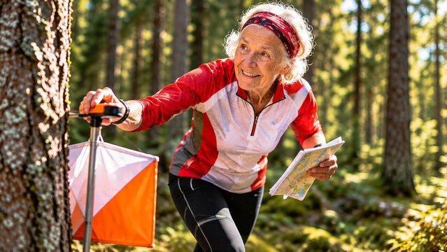 An old woman running through the woods on orienteering competition.